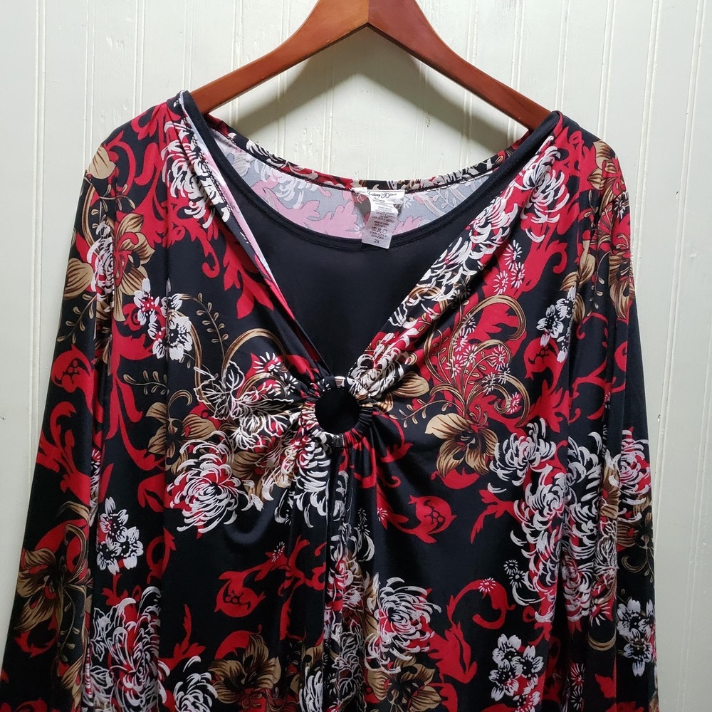 Brittany Black Blouse Womens Plus 2X Black V Neck 3/4 Sleeve Floral Tunic Top